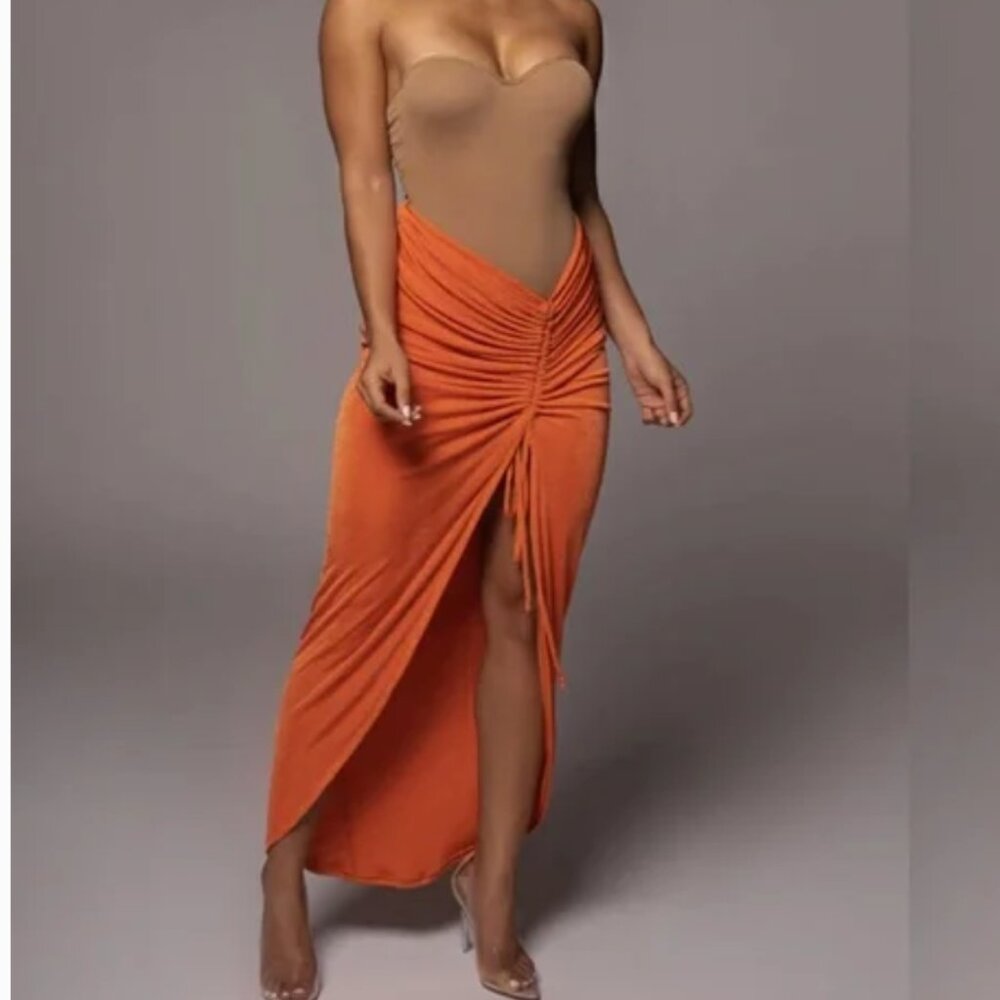 JLUXLABEL Aura Stretch Midi Maxi Skirt XXL Orange Cinched Slinky Bodycon Slit